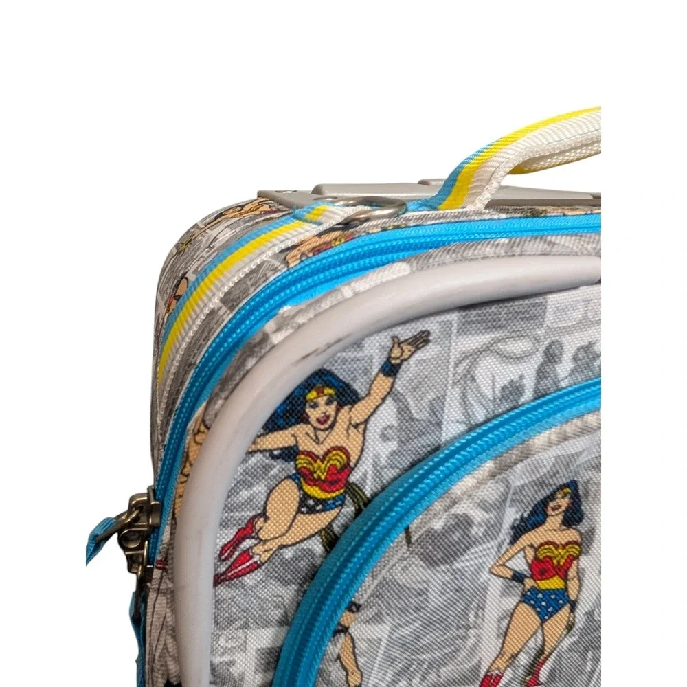 Pottery Barn Kids Wonder Woman Rolling Suitcase Comic Print Luggage Grey Blue